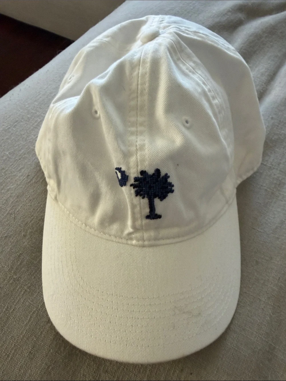 White Cap with Navy Palm Tree Embroidery